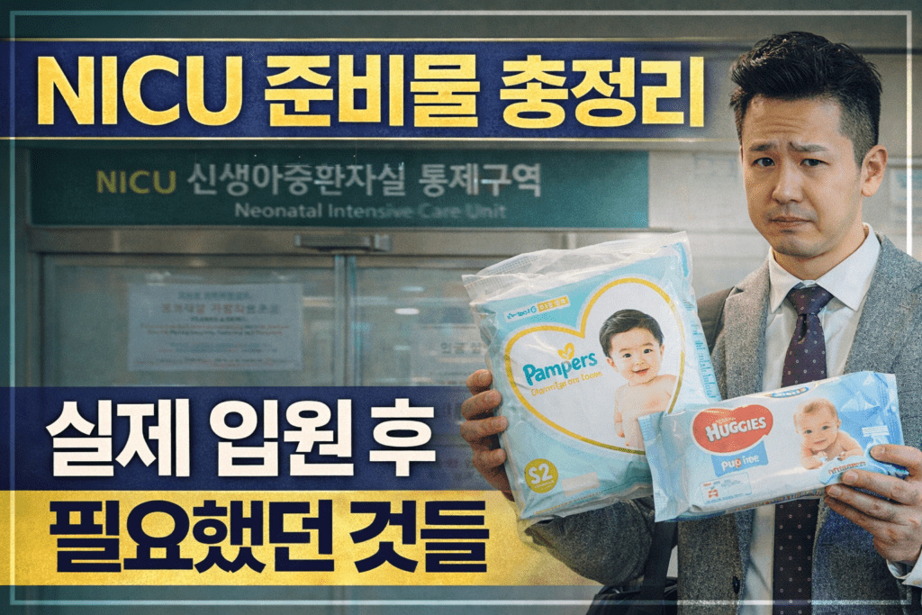 NICU 신생아중환자실 앞에서 기저귀와 물티슈를 들고 있는 아버지 모습과 “NICU 준비물 총정리 실제 입원 후 필요했던 것들” 문구가 포함된 썸네일 이미지