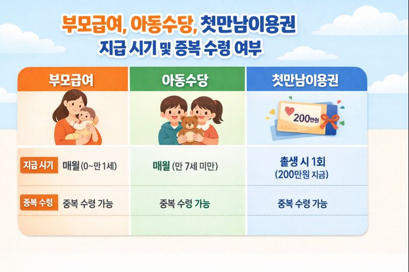 부모급여, 아동수당, 첫만남이용권의 지급 시기와 중복 수령 가능 여부를 정리한 이미지