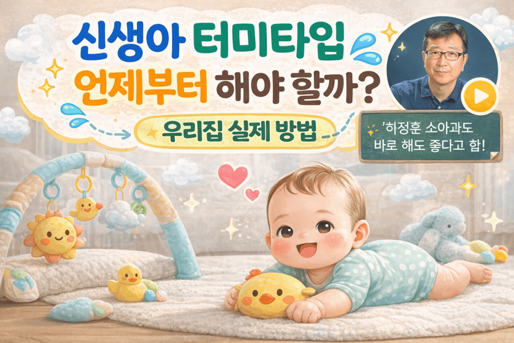 소아과 전문의도 터미타임은 바로 시작해도 된다고 말한다 터미타임을 언제 시작해야 하는지 찾아보면서 나는 하정훈 소아청소년과 전문의의 육아 정보를 많이 참고했다. 유튜브 채널 **‘삐뽀삐뽀119 소아과’**에서도 터미타임에 대해 설명하는 영상이 있었는데, 내용을 보면 출산 후 퇴원하면 바로 시작해도 되고 산후조리 기간에도 하고 있는 것이 좋다고 한다. 즉, 특별히 늦게 시작해야 하는 것이 아니라 가능하면 바로 시작하는 것이 좋다고 설명한다. 하지만 실제 육아에서는 먹이고 트림시키고 재우는 생활 패턴 때문에 생각처럼 매번 터미타임을 하기는 쉽지 않았다. 그래서 우리 집에서는 기저귀 갈 때마다 하려고 하기보다는 낮에 아기가 깨어있는 놀이 시간에 잠깐씩 해주는 방식으로 했다. 완벽하게 매번 하지는 못했지만 이렇게 조금씩 하다 보니 나중에 뒤집기 연습에도 자연스럽게 이어졌던 것 같다.