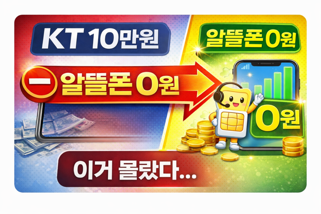 KT 10만원 요금제와 알뜰폰 0원 요금제를 비교한 썸네일, 통신비 절약 강조 이미지