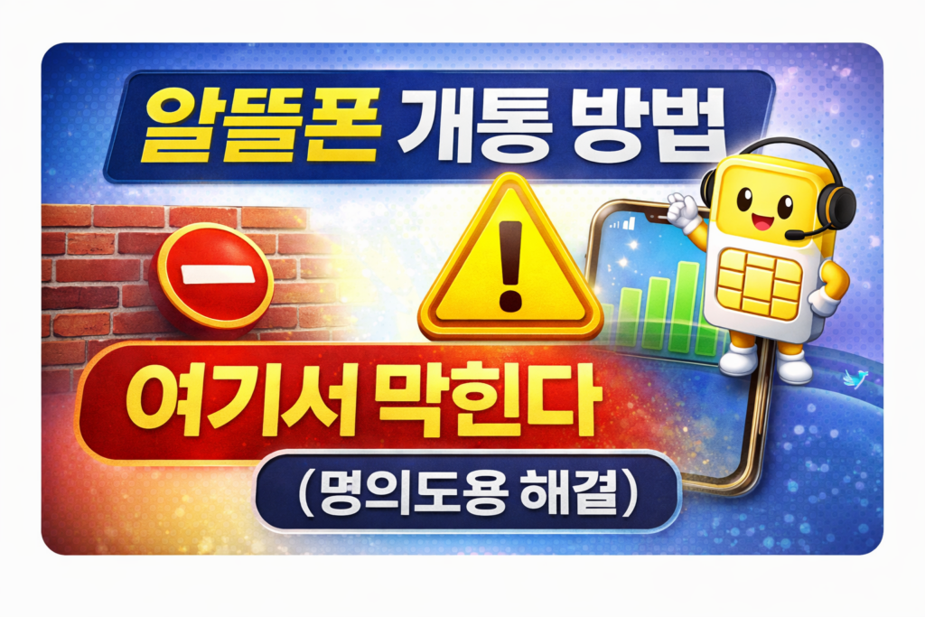 알뜰폰 개통 방법과 명의도용 방지 서비스 때문에 막히는 상황을 설명하는 썸네일 이미지