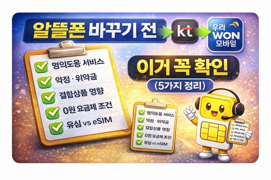 알뜰폰 변경 전 체크해야 할 5가지 항목을 정리한 썸네일 이미지, 명의도용 서비스와 약정 확인 강조