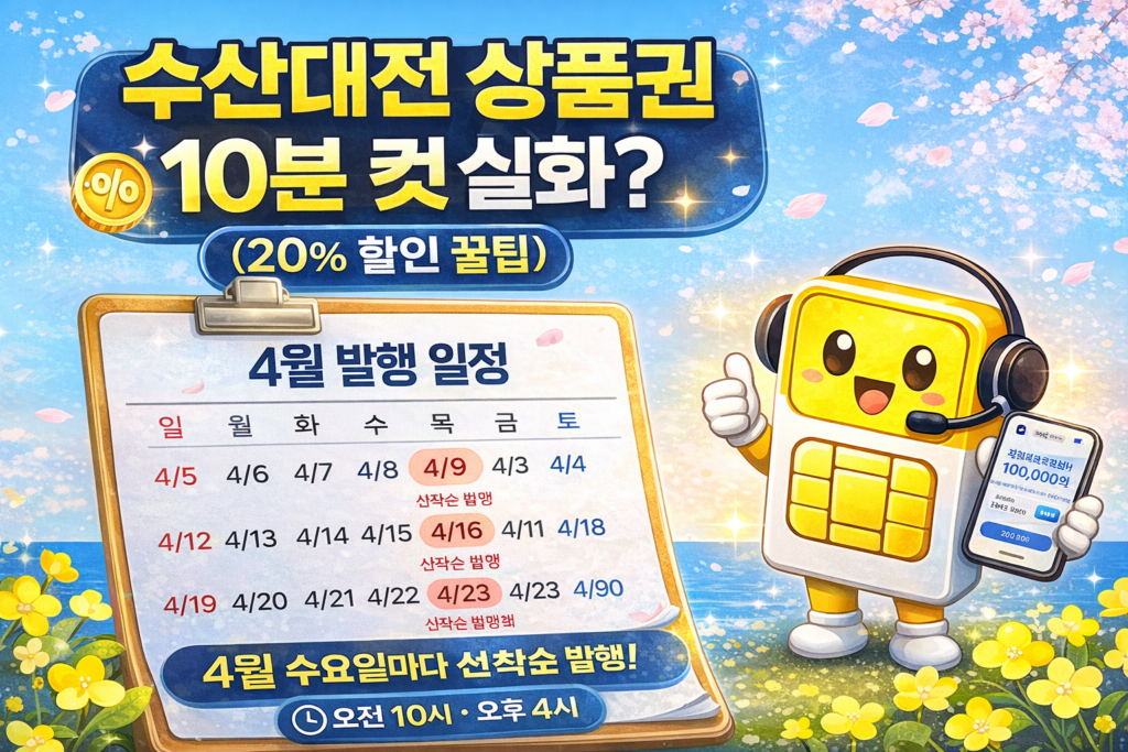 수산대전 상품권 20퍼센트 할인과 4월 발행 일정, 10분 컷 선착순 구매 정보를 강조한 썸네일 이미지